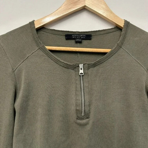 ALLSAINTS Alicia Round Neck 1/4 Zip Long Sleeve Bodysuit Utility Green US 2 - Picture 4 of 14